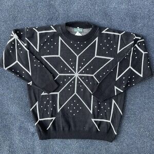 Cabin Creek Sweater Mens Large Black‎ White Geometric Snowflake Pullover Winter